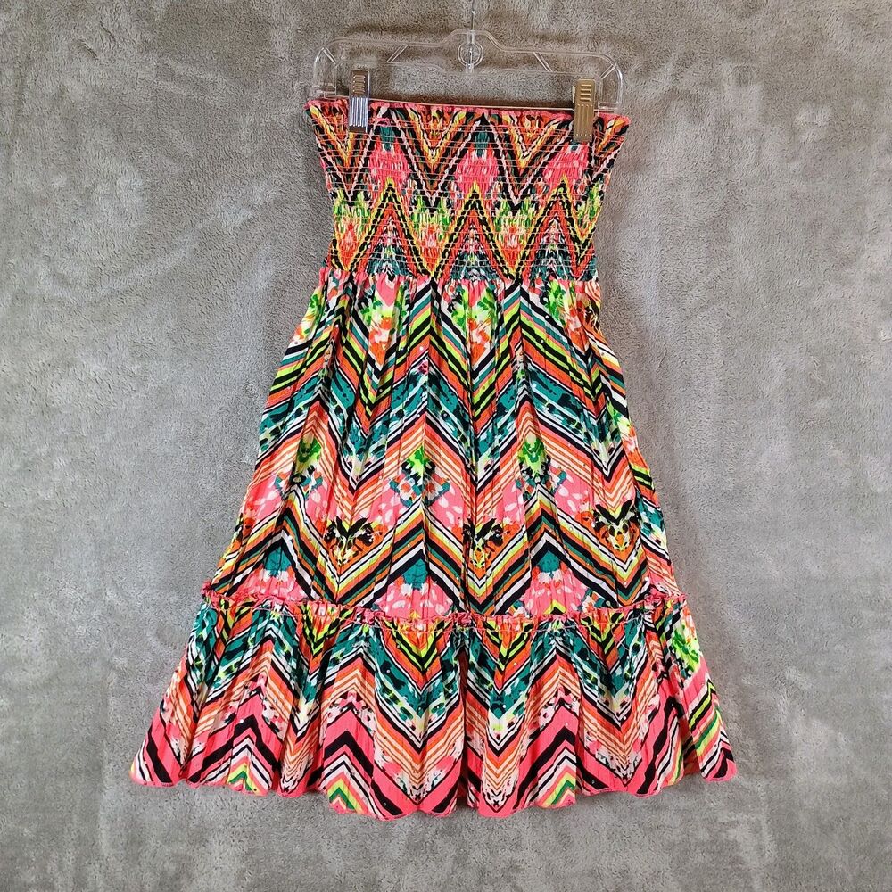 Girls Boho Strapless Zigzag Print Ruffle Hem Mini Dress Chevron Pattern Size 7/8